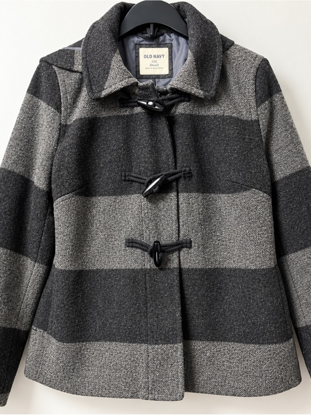 Old Navy Women's Black and Gray Striped Toggle Pea Coat
